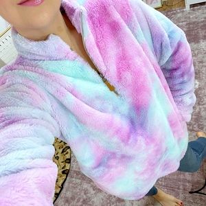 Pink Lily Brand Soft Plush Pullover with zipper / Pink Purple Teal Watercolors